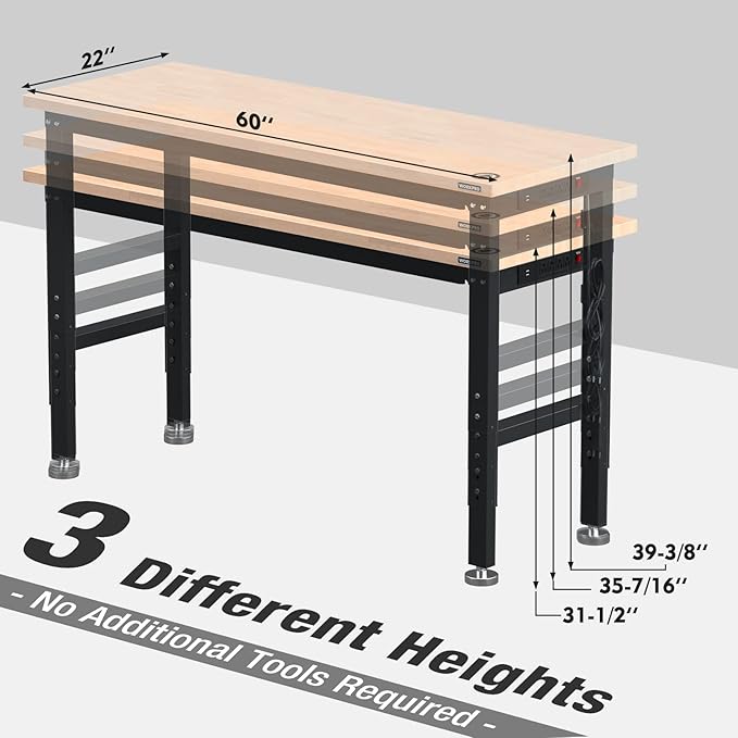 WORKPRO 60" Adjustable Workbench, Rubber Wood Top Heavy-Duty Workstation...