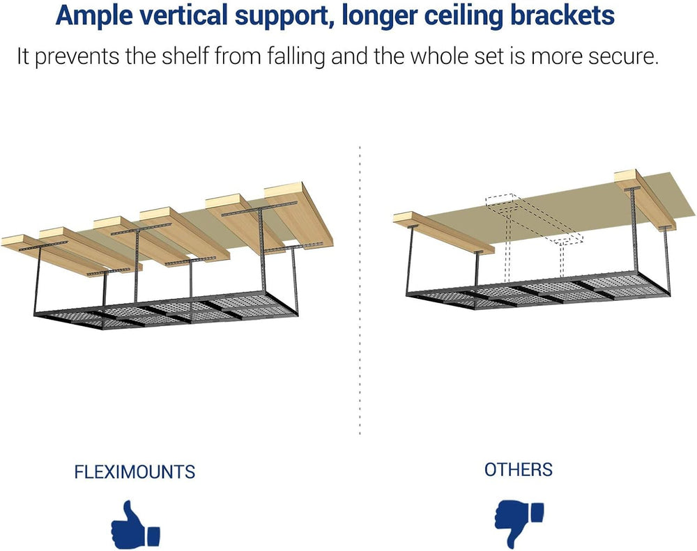 FLEXIMOUNTS 4x8 Overhead Garage Ceiling Storage Rack with 6 Hooks, Black