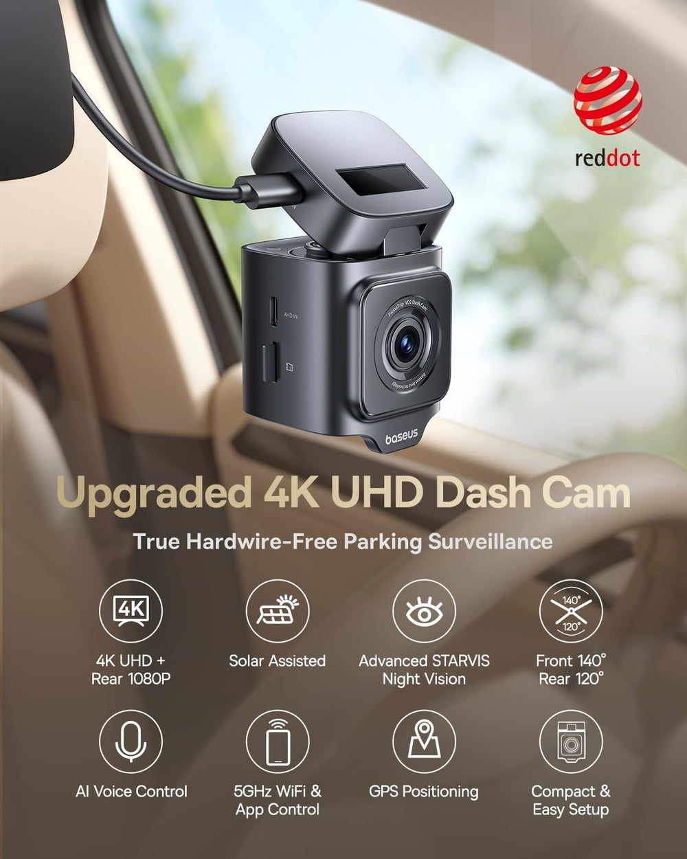 Baseus VD1 Pro 4K Dual Solar Dash Cam Front and Rear, STARVIS, 64GB Card