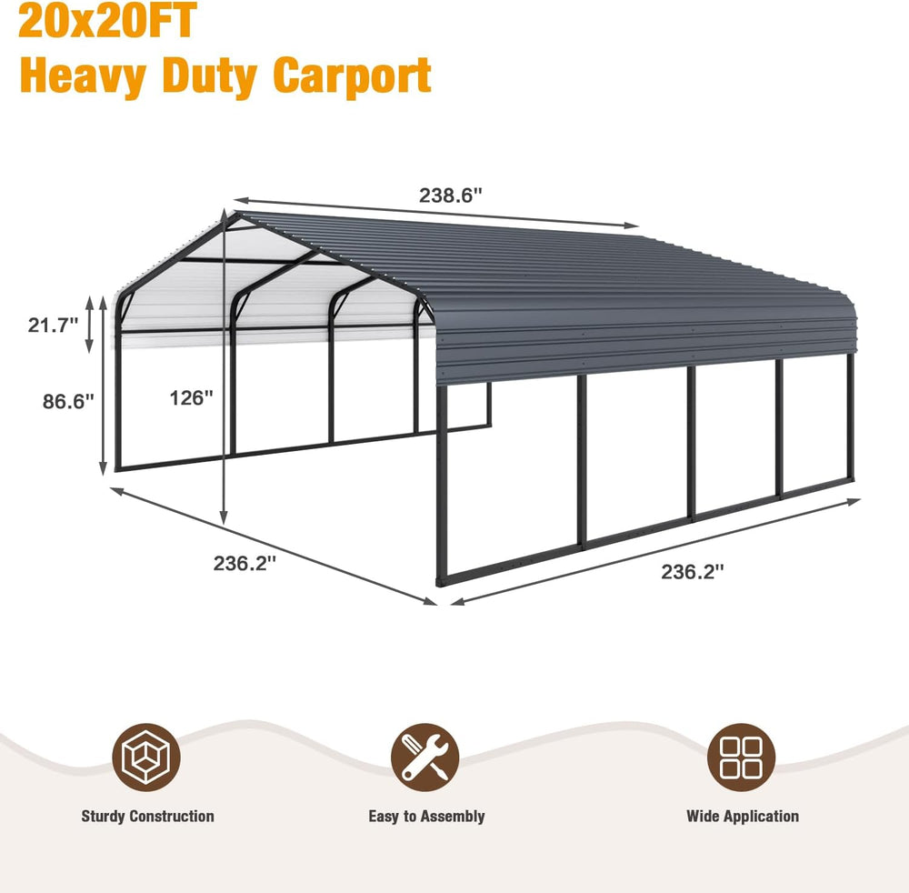 EBE 20' x 20' Metal Carport, Outdoor Heavy Duty Carports Canopy with ...
