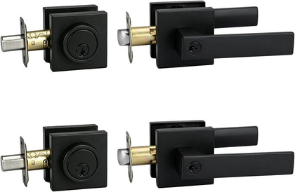 Exterior Door Lock Set with Deadbolt, Keyed Alike Door Handle with Lock, Heavy Duty Matte Black Door Knob and Deadbolt Combo for Front Entry Door, 2 Pack