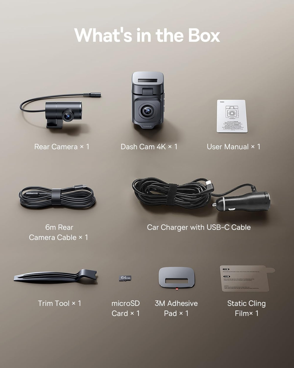 Baseus VD1 Pro 4K Dual Solar Dash Cam Front and Rear, STARVIS, 64GB Card