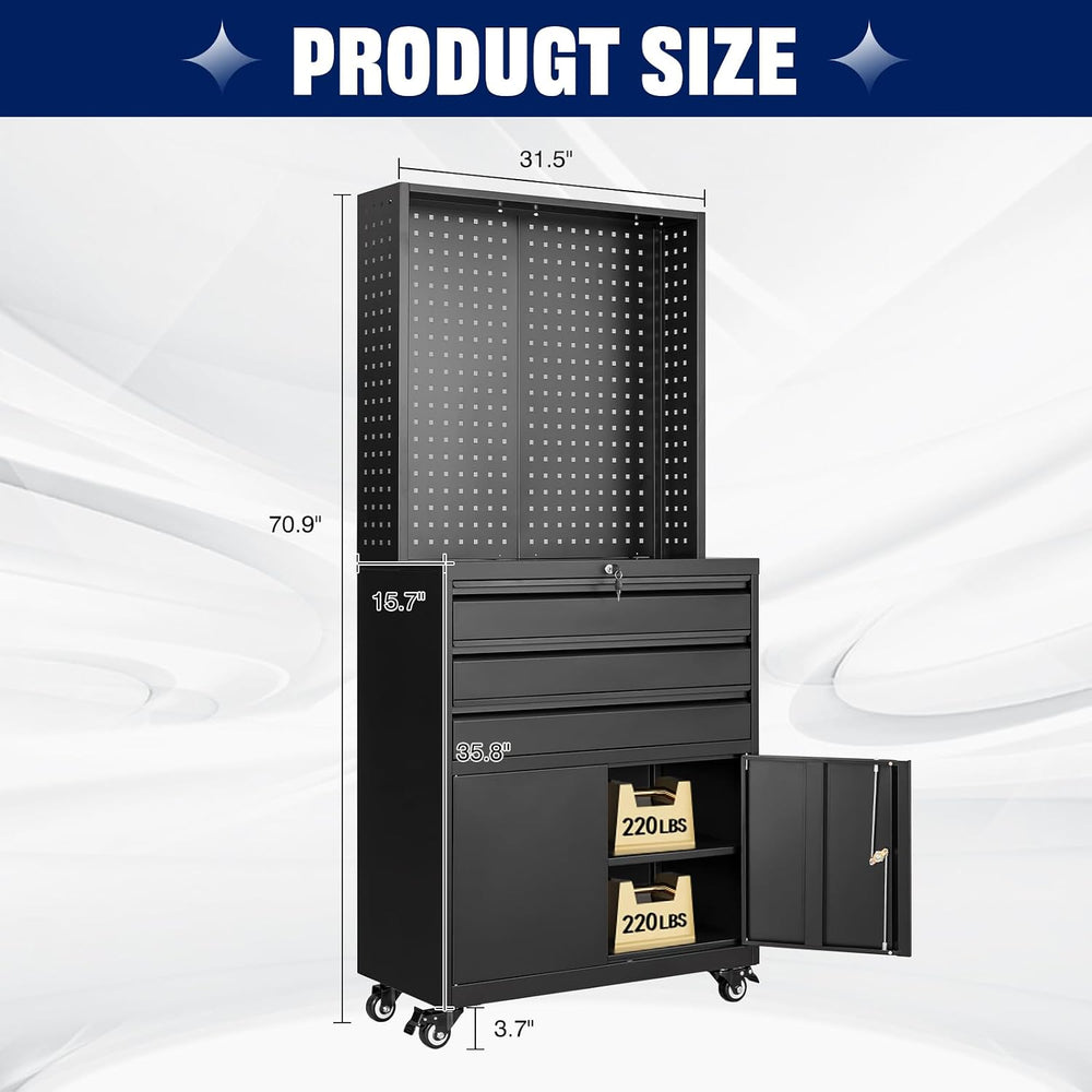 Metal Garage Storage Cabinet with Wheels,3-Drawer Rolling Tool Cabinet with 2...