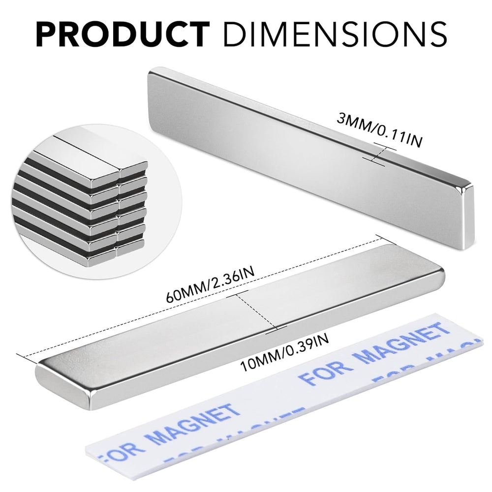 TRYMAG Strong Neodymium Magnets with Adhesive Backing, 50 Pack, 60x10x3 mm