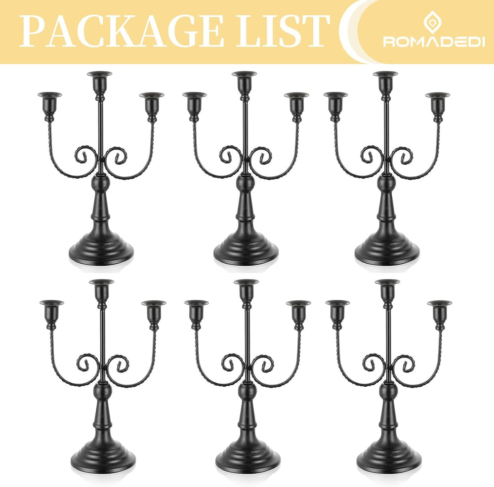 Romadedi Halloween Candelabra, Black 3-Arm Candle Holders Bulk, Set of 6