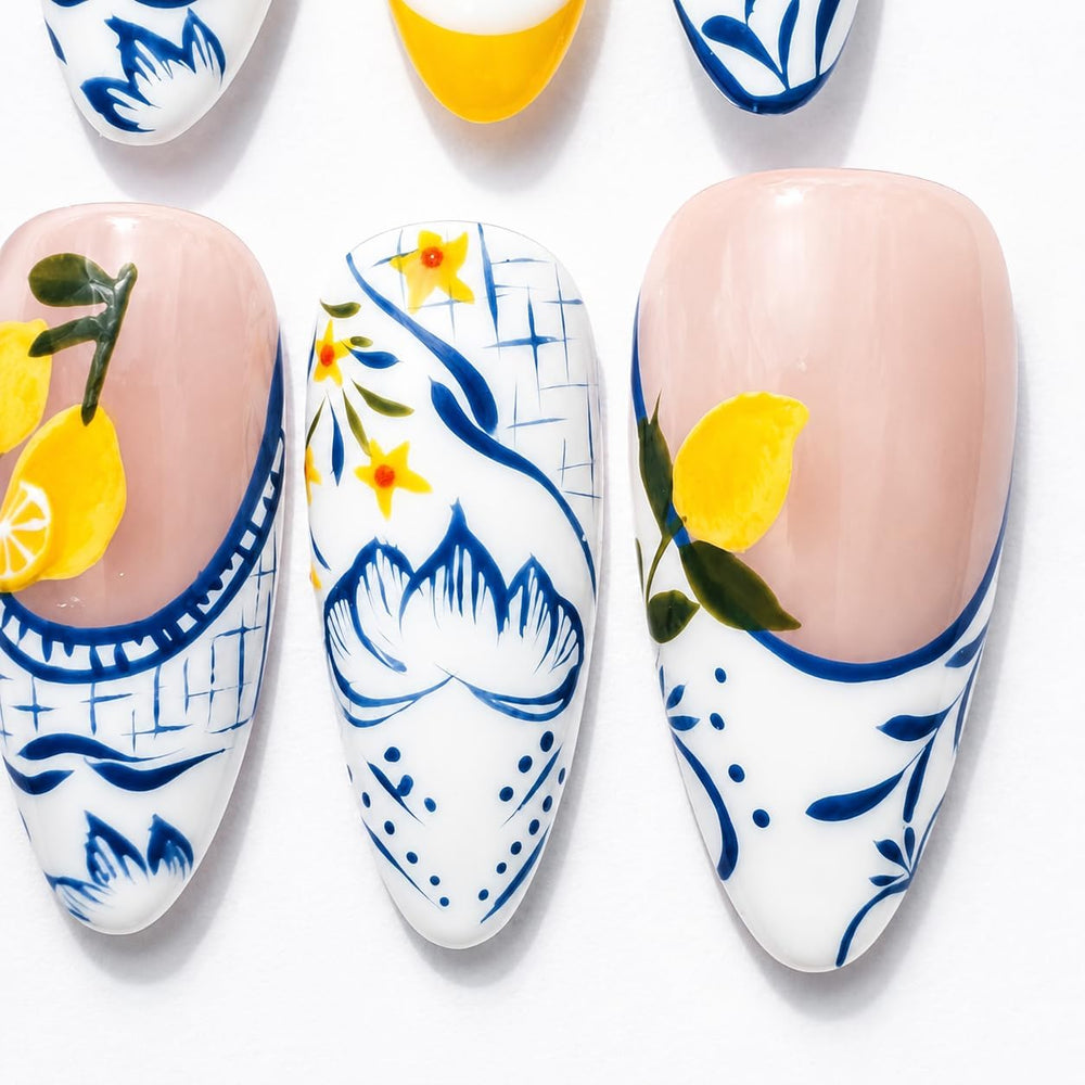 Handcrafted Press On Nails Italian Vacation Style Lemon & Blue Ceramic Pa...