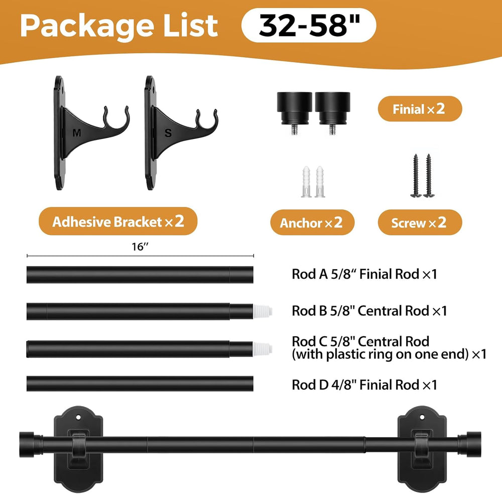 TONIAL Curtain Rods No Drilling for Windows 2 Pack, Black, 32 to 86 Inch