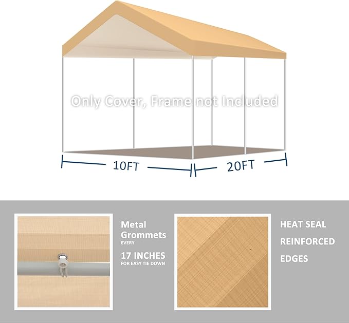 10'x20' Upgraded Carport Replacement Top Canopy Cover Beige