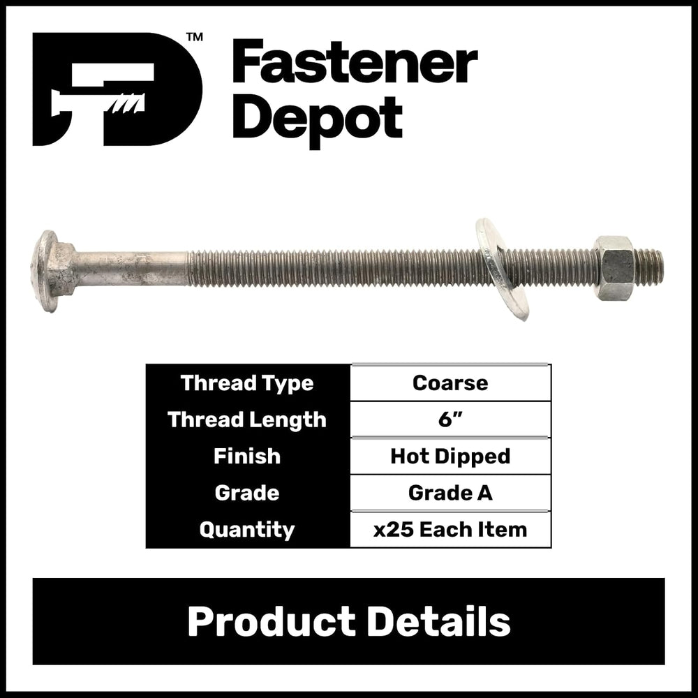 1/2"-13 x 7 (25 Sets) Hot Dipped Galvanized Carriage Bolt Kit for Exteri...