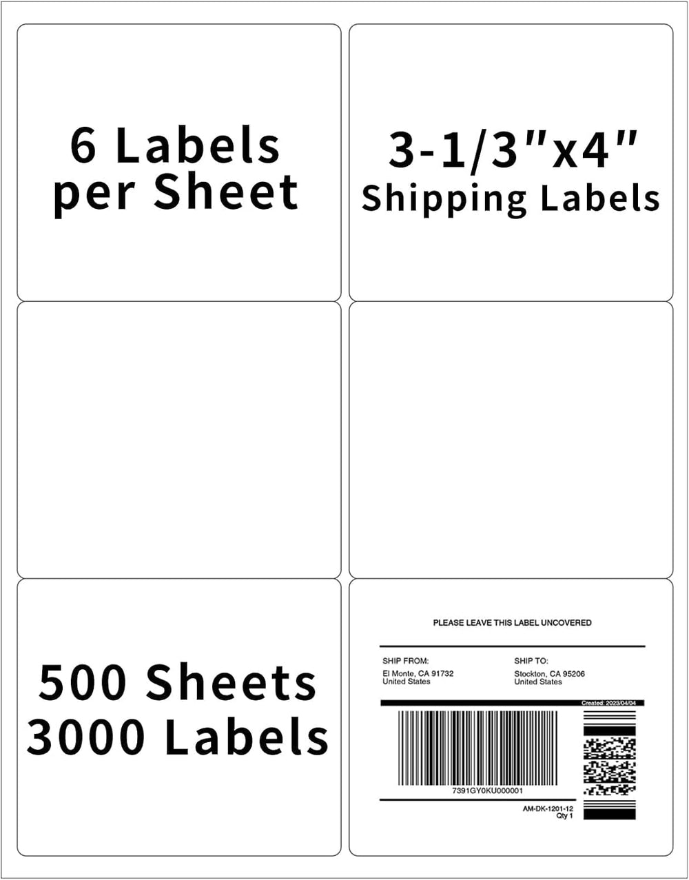 500 Sheets Shipping Labels 3000 Labels, 6 per Sheet Sticker Labels