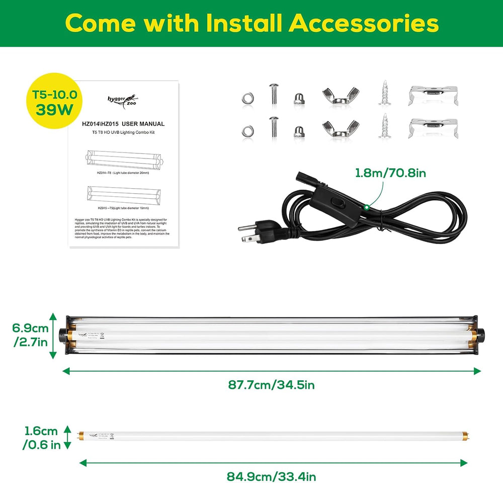 T5 UVB Reptile Light Fixture HO UVB Bulb Lighting Combo Kit, 10.0 UVB Light f...