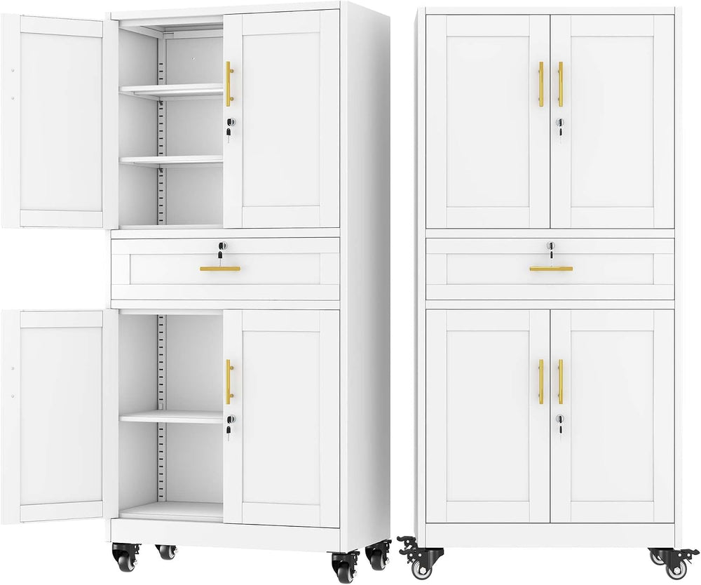 74" White Lockable Rolling Metal Garage Storage Cabinet