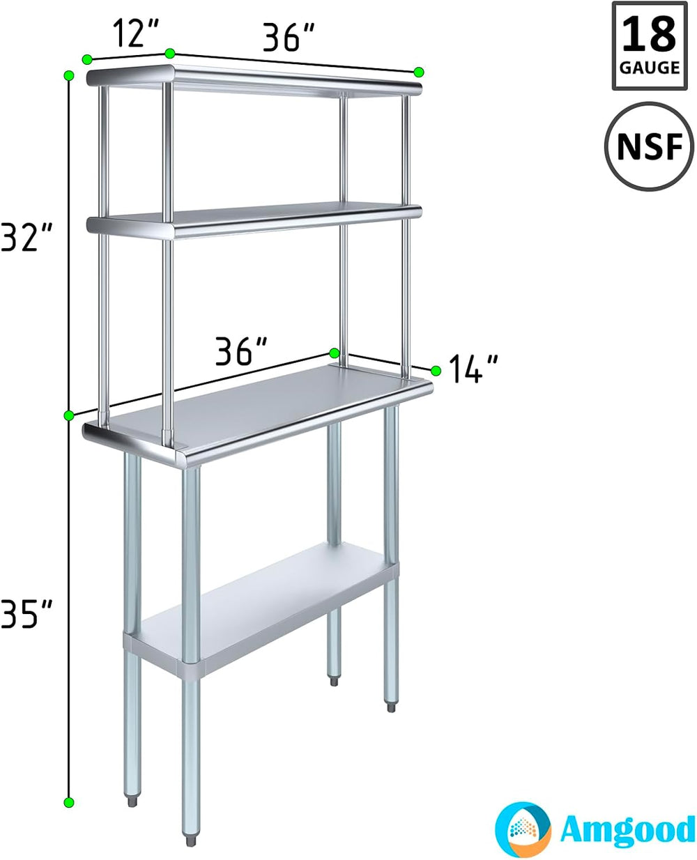 AmGood 36 x 14 in. Stainless Steel Work Table with 12 in. Double Overshelf