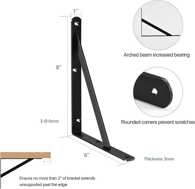 20 Pack L8 x H 6" Black Heavy Duty Shelf Brackets