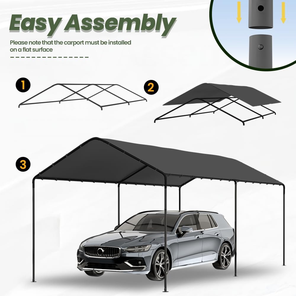 Carport, 10‘ x 20’ Garage Car Canopy w/Water-Resistant Top Cover, Grey