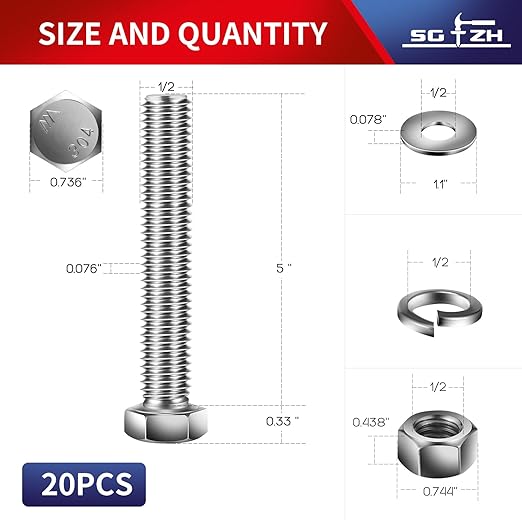 1/2-13 x 5" Hex Head Screw Bolt, Flat & Lock Washers, Fully Threaded...