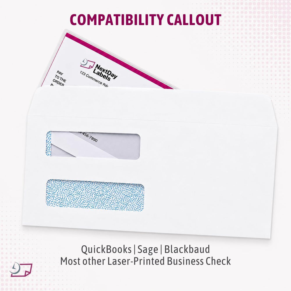 NextDayLabels #9 Double Window Check Envelopes, Made in USA, 500 Pack