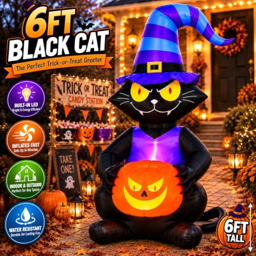 6FT Halloween Inflatable Black Cat, Lighted Yard Decoration with Witch Hat