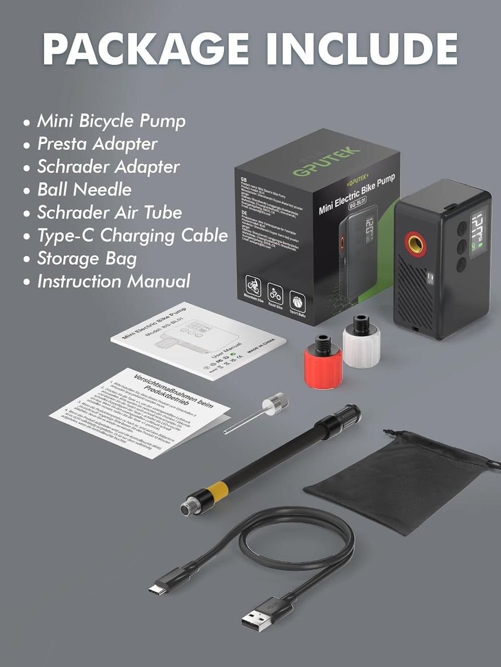 Mini Bike Pump Electric for Presta and Schrader Valves Bicycle Tire