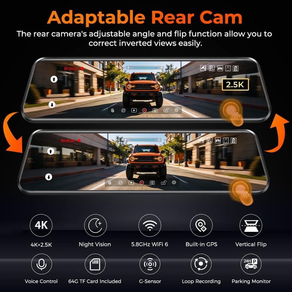 12" Mirror Dash Cam, 4K UHD Front and 2.5K Rear View Dash Camera for Car...