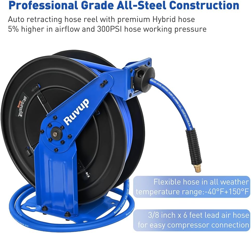 Ruvup Air Hose Reel 3/8"x75ft Auto Retractable Air Compressor Tool HoseReel
