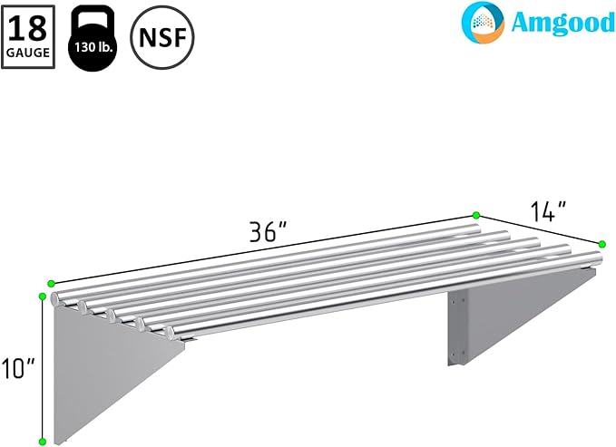 AmGood 14 in. x 36 in. NSF Stainless Steel Tubular Wall Shelf | Heavy-Duty