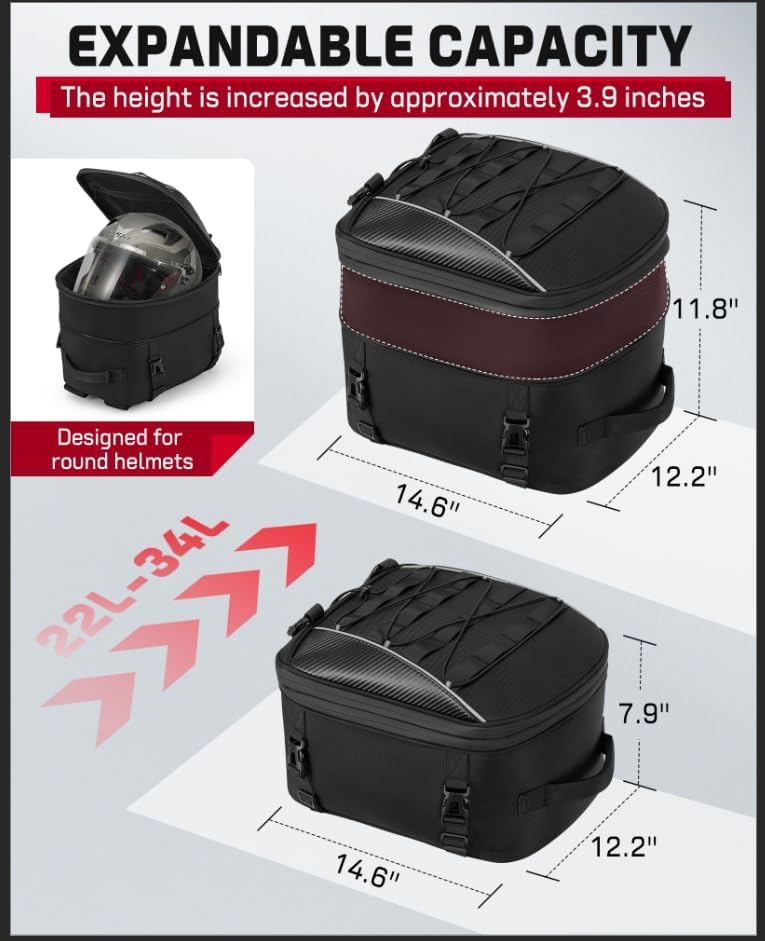 RAINSMORE Motorcycle Tail Bag 22-34L Expandable Motorcycle Rear Seat Bag