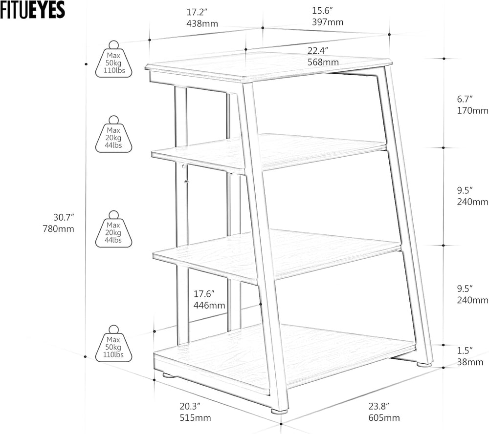 FITUEYES 4-Tier AV Media Stand Corner Shelf for Record Player HiFi, Walnut