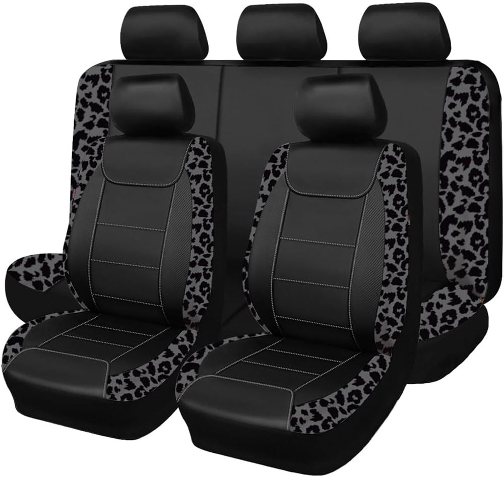 Flying Banner Carbon Fiber Leather Vehicle Seat Covers, Leopard Gray Black, U...