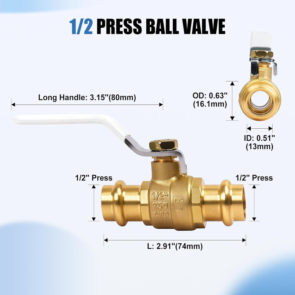 5PCS 1/2" ProPress Brass Ball Valve Press-Fit Ball Valve Fittings to Pre...