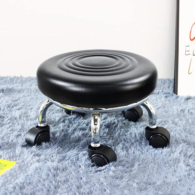 Modern Roller Seat PU Leather Low Round Rolling Stool 360 Swivel Small Stool