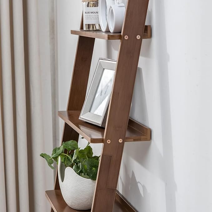 Maydear Bamboo Ladder Shelf Bookcase, 5-Tier Leaning Bookshelf Free Standing