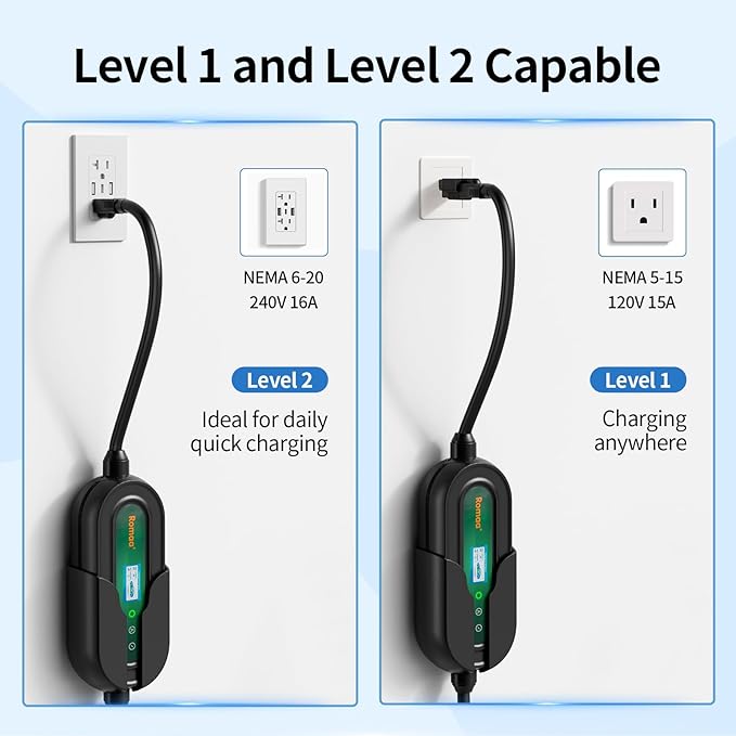 Level 1&2 Portable EV Charger, Adjustable 8-16A 110V-240V, Dual Plugs: NEMA