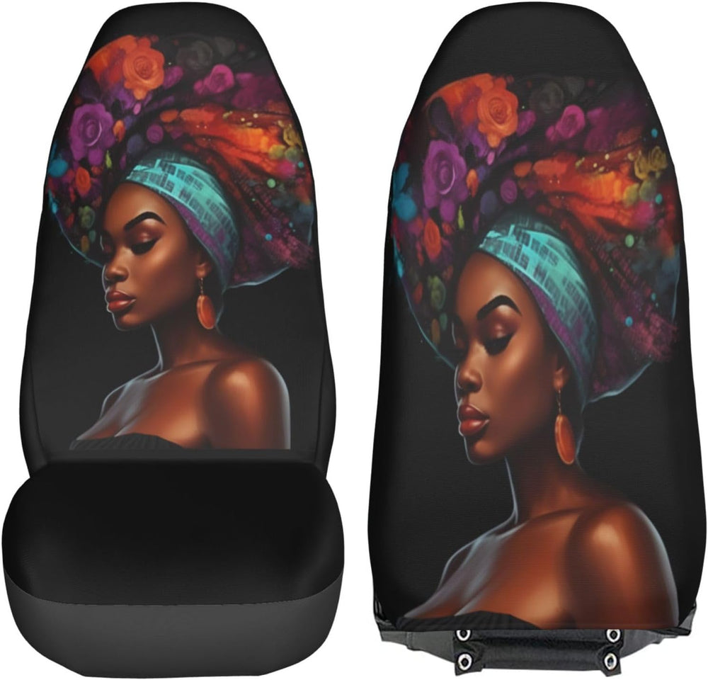 Delerain Car Seat Covers Set 2Pcs, Black African Women Glitter Universal Fron...
