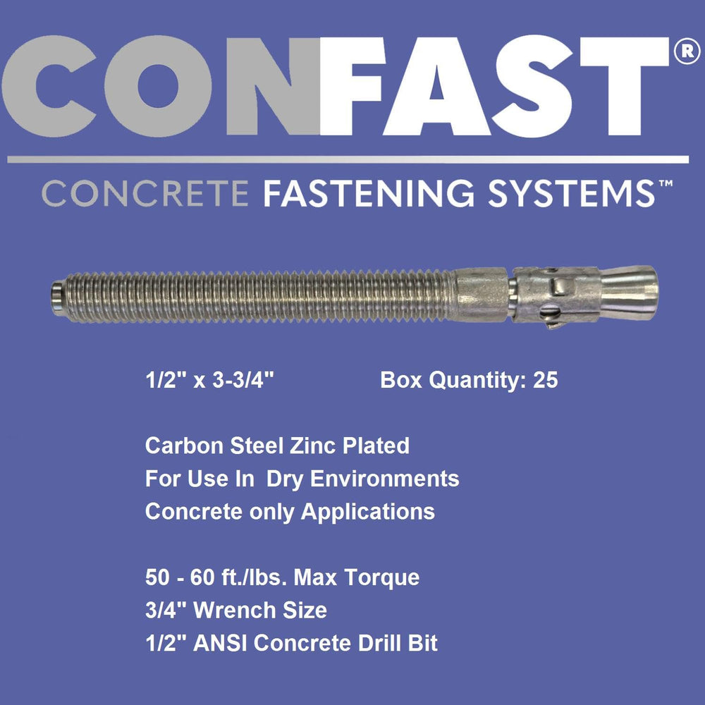 CONFAST 1/2" x 3-3/4" Wedge Anchor Zinc Plated (Box of 25)