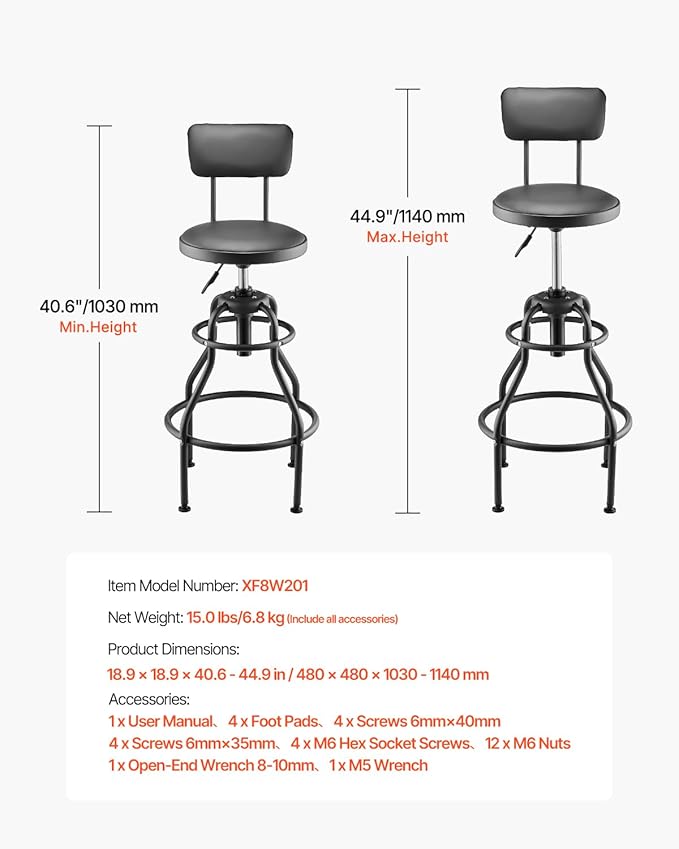 VEVOR Shop Stool with Backrest, Pneumatic Garage Seat/Work Stool with 300 lbs