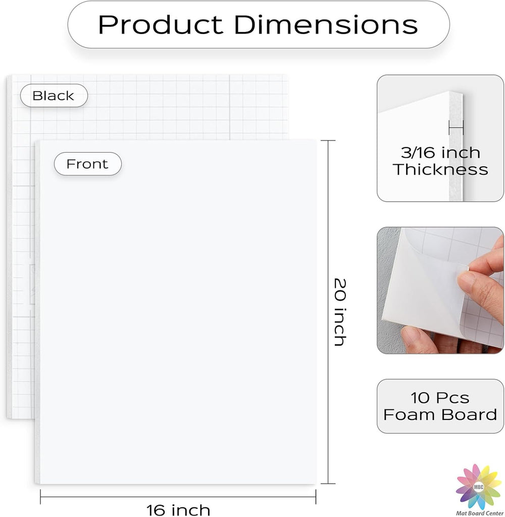 Mat Board Center 10 Pack 16x20 Self Adhesive White Foam Board 3/16" Thick