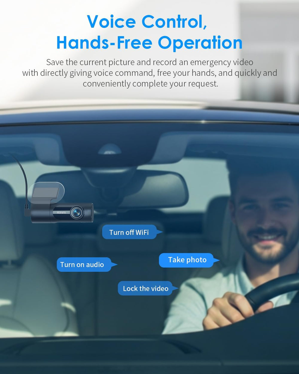 KAWA 3K Dash Cam Front, 360°Rotation, Voice Control, Wi-Fi Dashcam for Cars