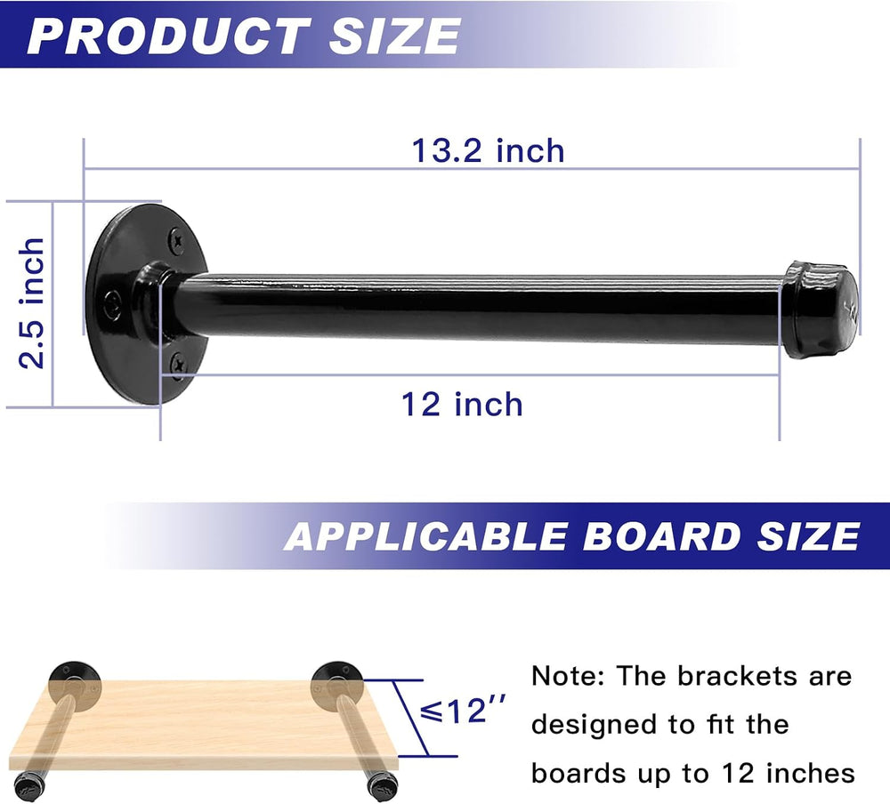 6 Pack Pipe Shelf Brackets 12 Inch, Industrial Iron Pipe Floating Shelves Bra...
