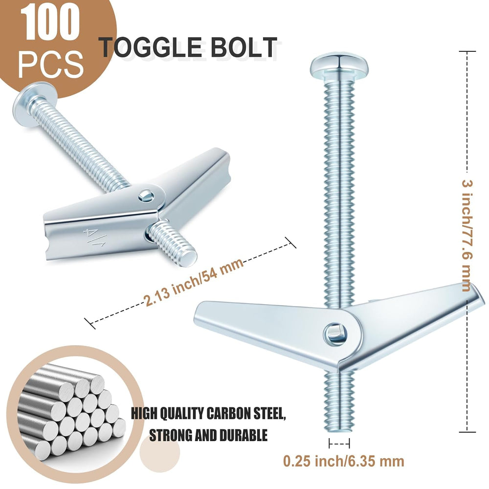 Yaocom 100 Pcs 1/4" X 3" Toggle Bolts and Wing Nut Wall Anchor for ...