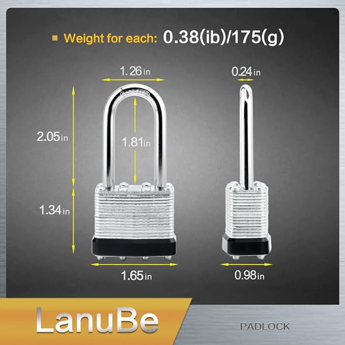 LanuBe Lock Laminated keyed Padlock, keyed Alike Locks, Long Shackle, Marked ...