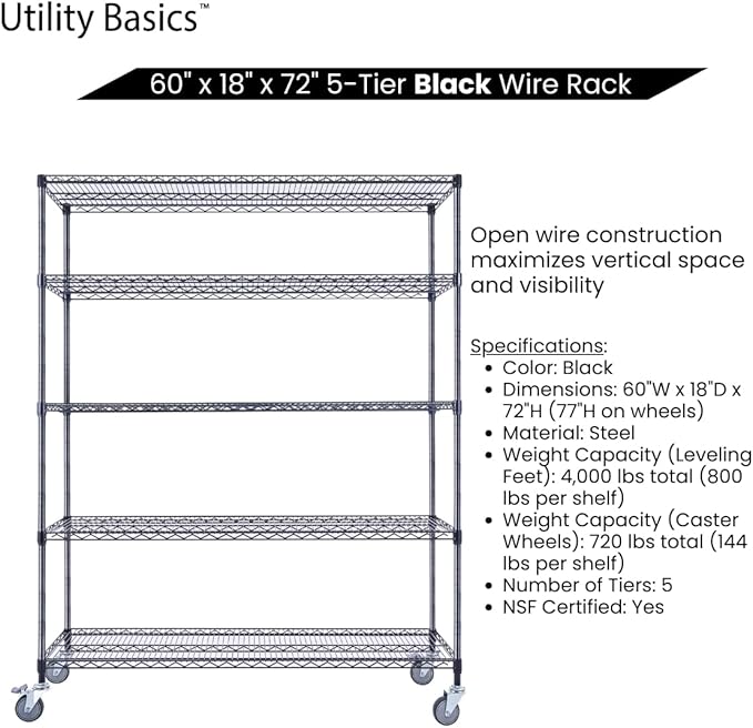 60"x18"x72" Black 5-Tier Premium Wire Shelving NSF 4000 LBS MA...