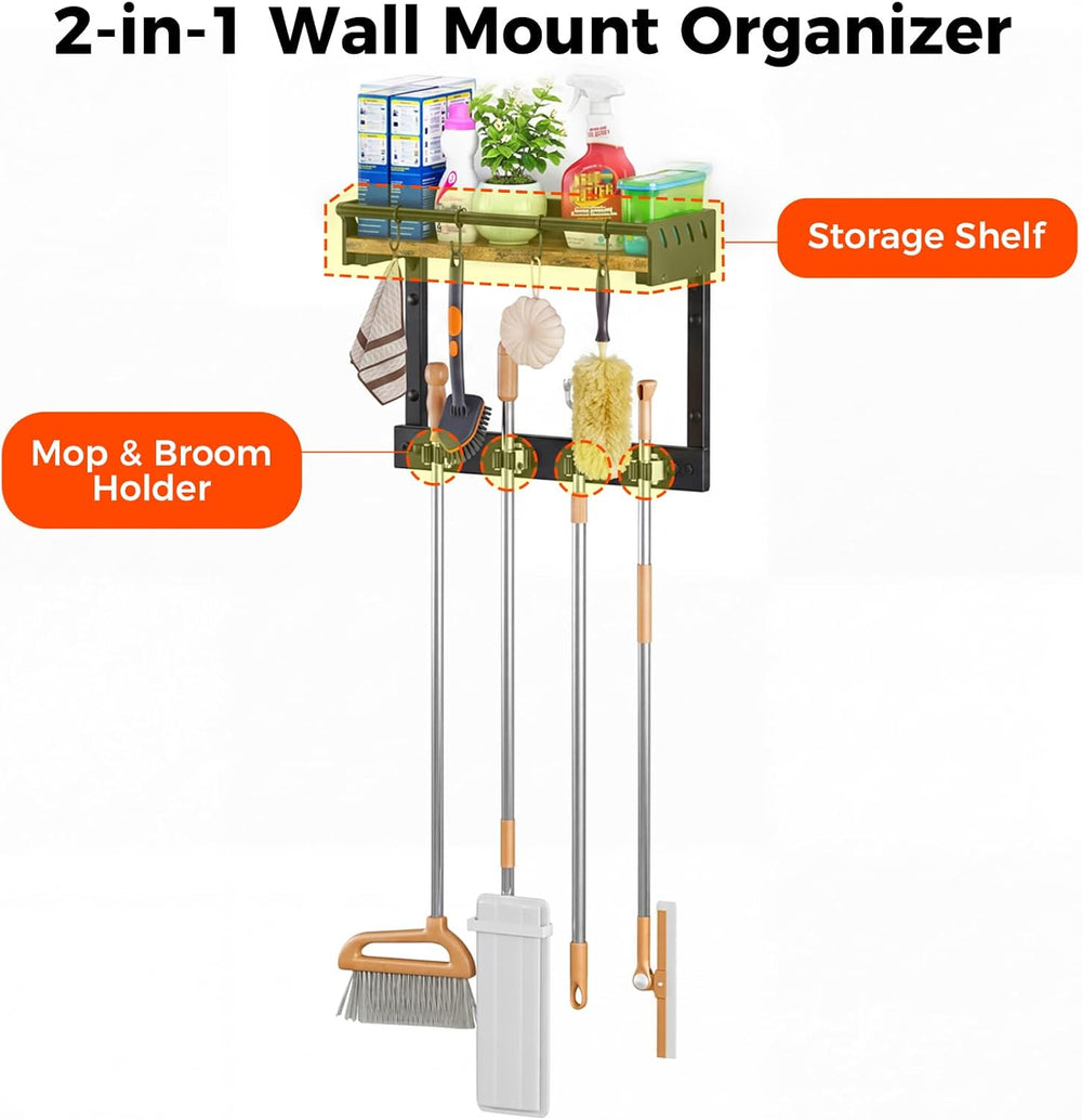 Broom Holder Wall Mount with Shelf,Broom Hanger with 4 Hooks,Broom and Mop Or...