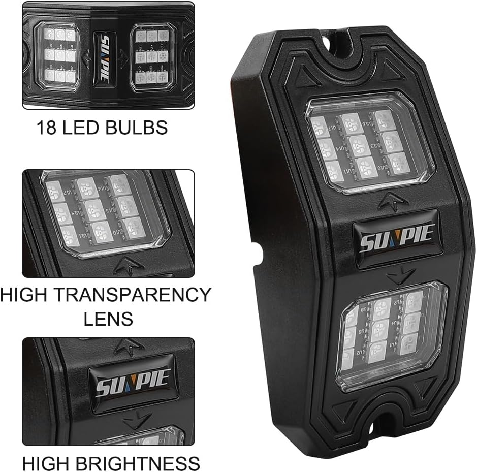 SUNPIE 8 Pods Quick Connect Red Rock Lights, 18 Wide Angle Chips, 4M Extensio...