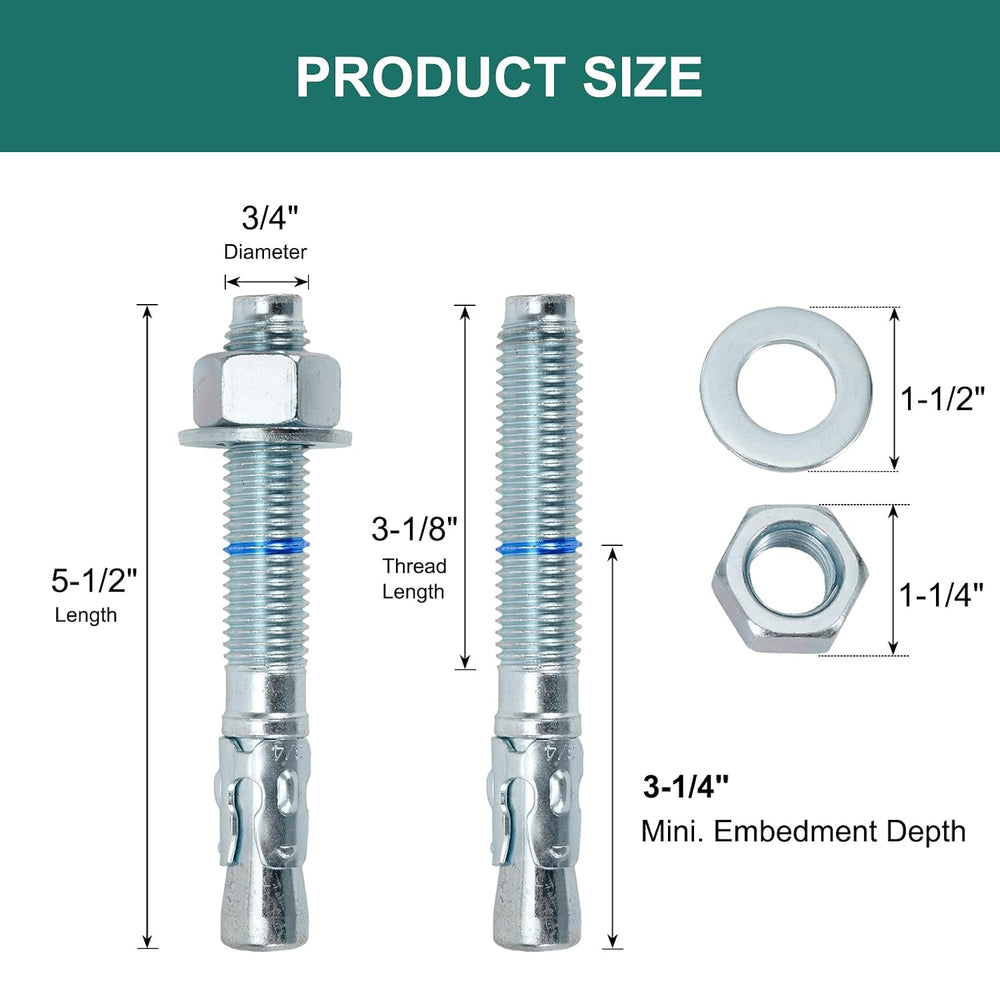 3/4" x 5-1/2" Concrete Anchors (10 Pack) 3/4 inch Wedge Anchors Bol...