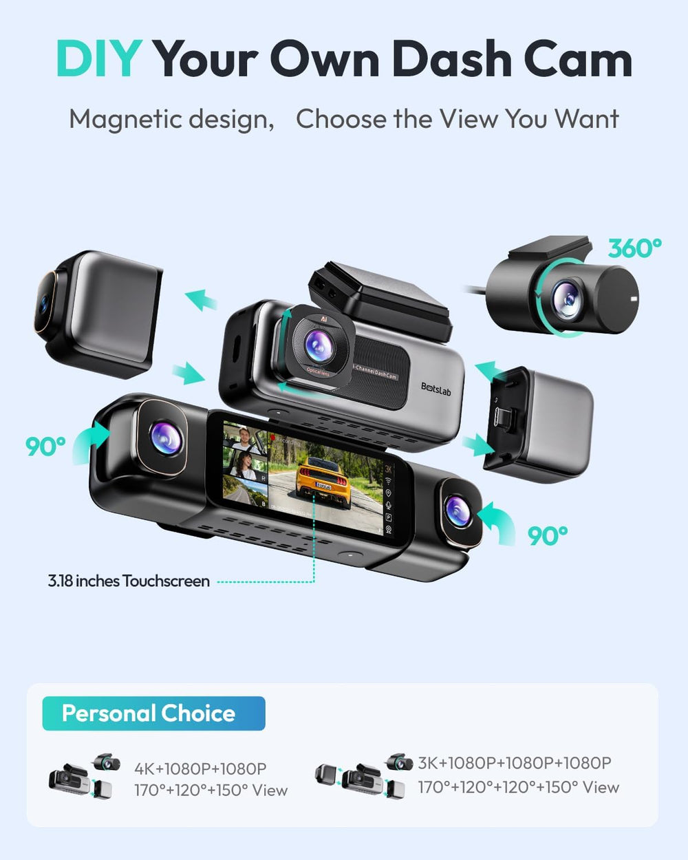 BOTSLAB 4 Channel 360° Dash Cam, 128GB Card, Voice Control, App Control