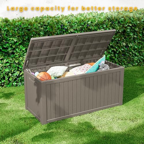 Outdoor Storage Box Waterproof, 200 Gallon Lockable Resin Large Deck Box, Pat...