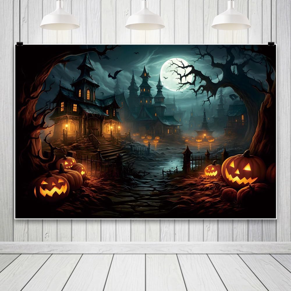 Leowefowa 12x8ft Halloween Photography Backdrop Horror Moon Night Pumpkin Lan...
