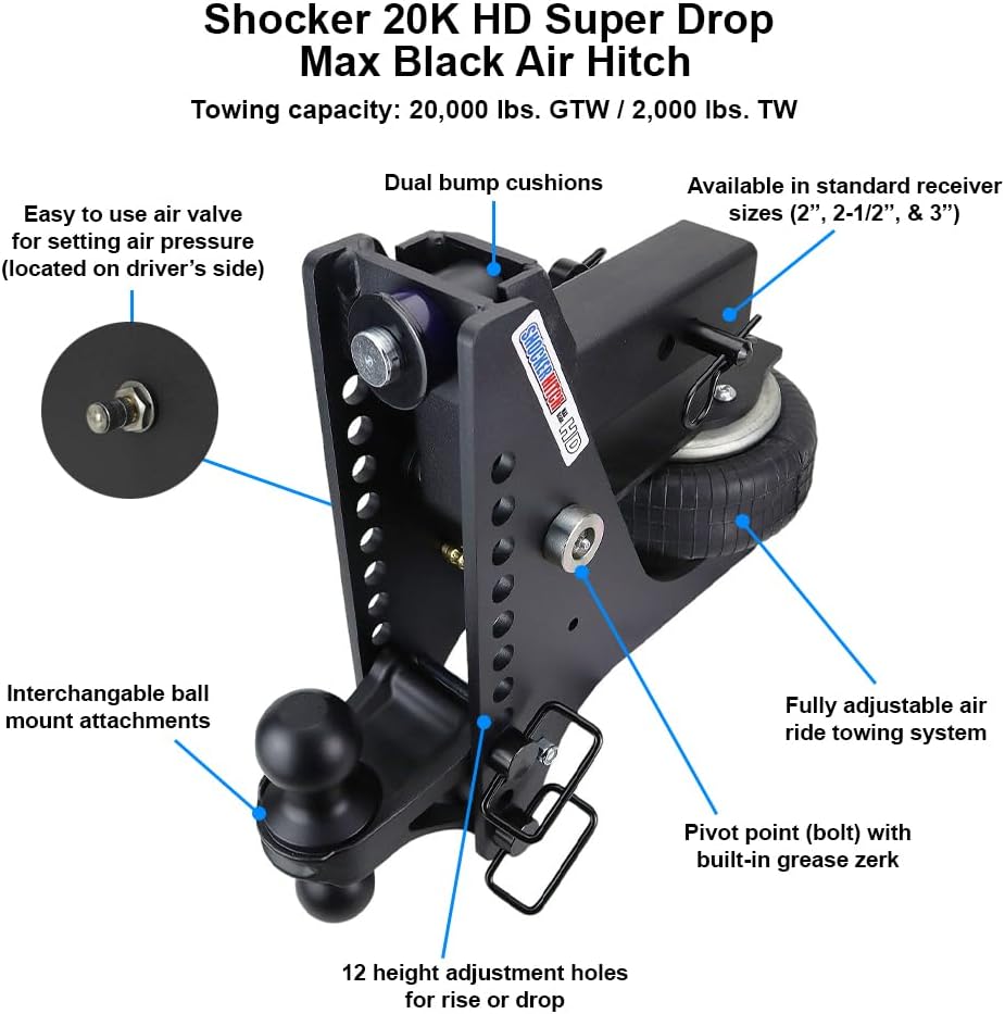 Shocker HD Max Black Super Drop Air Hitch with Sway ControlBlack Combo 2&quot...