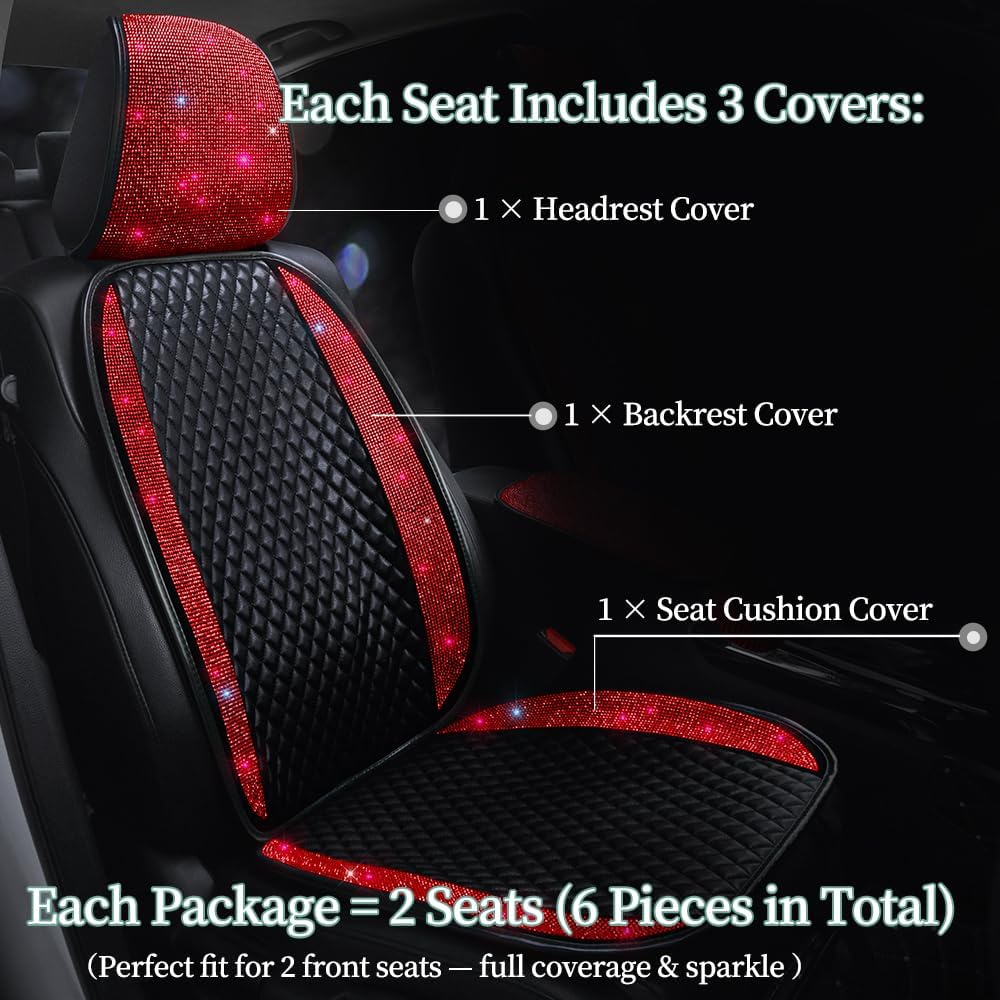 PU Leather Car Seat Cover Bling Rhinestones Front Seat Protector for Girls Wo...
